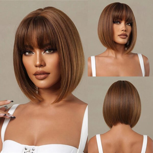 Brown Blonde Ombre Synthetic Wigs Short Straight Bob Wigs for Women Middle Part Lolita Cosplay Natural Hair Heat Resistant Fiber