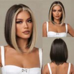 Brown Blonde Ombre Synthetic Wigs Short Straight Bob Wigs for Women Middle Part Lolita Cosplay Natural Hair Heat Resistant Fiber