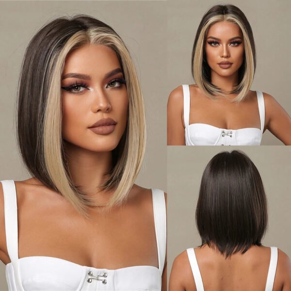 Brown Blonde Ombre Synthetic Wigs Short Straight Bob Wigs for Women Middle Part Lolita Cosplay Natural Hair Heat Resistant Fiber