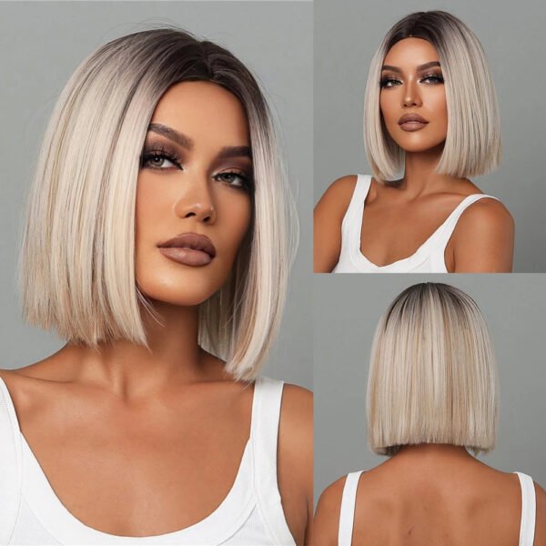 Brown Blonde Ombre Synthetic Wigs Short Straight Bob Wigs for Women Middle Part Lolita Cosplay Natural Hair Heat Resistant Fiber