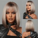 Brown Blonde Ombre Synthetic Wigs Short Straight Bob Wigs for Women Middle Part Lolita Cosplay Natural Hair Heat Resistant Fiber