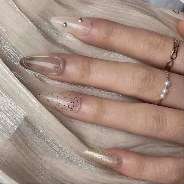 24PCS Pink French Almond 3D Flower With Purple blend  False Short Press On Nails