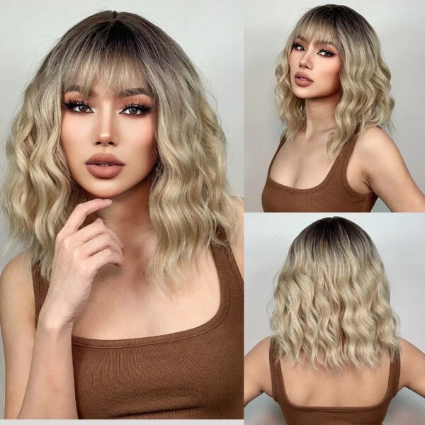 Women Grey Wavy Bob Wigs with Bangs Short Blonde Ombre Synthetic Wig with Dark Roots Natural Hair for Daily Use