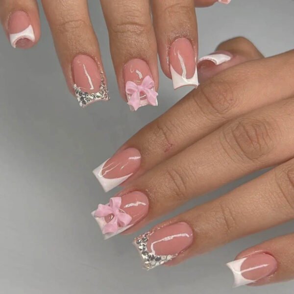 24Pcs Pink French Style Fake Press on Nails 3D Bowknot Designs Short Square