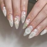 24Pcs French False Press On Nails Purple Edge  Almond Bow Flower Design