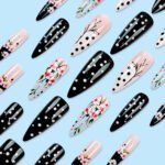 24pcs Long Almond False Press on Nails Black White Dot Printed