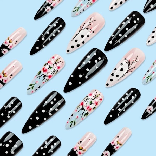 24pcs Long Almond False Press on Nails Black White Dot Printed