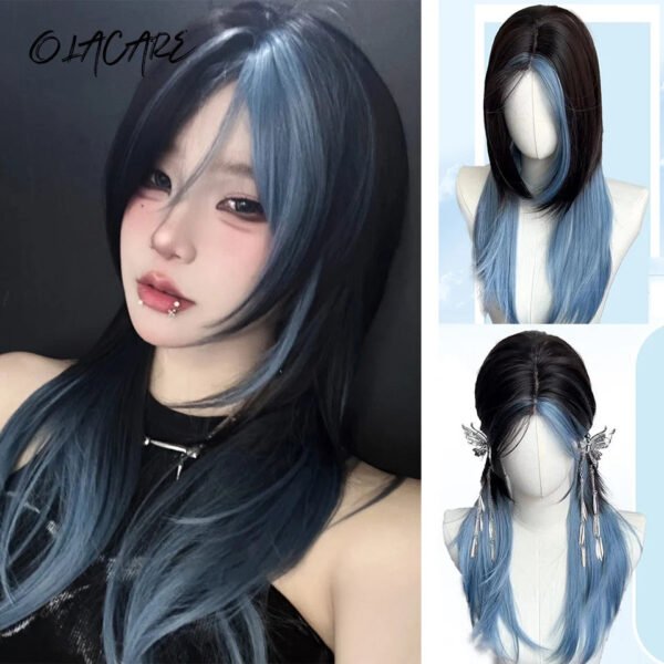 OLACARE Synthetic Long Straight Lolita Wig with Bangs Wig  Mixed Black Red Blonde Cosplay