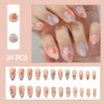 24pcs White Flower Fake Press on Nail Tips Yellow Pink Blush Full Cover Almond Shaped