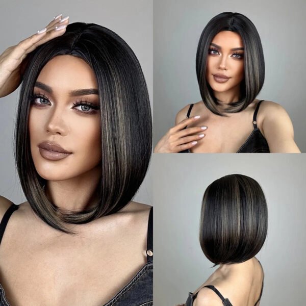 Brown Blonde Ombre Synthetic Wigs Short Straight Bob Wigs for Women Middle Part Lolita Cosplay Natural Hair Heat Resistant Fiber
