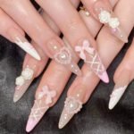 24Pcs French False Press On Nails Purple Edge  Almond Bow Flower Design