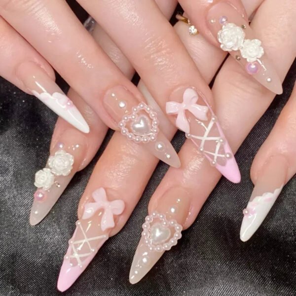 24Pcs French False Press On Nails Purple Edge  Almond Bow Flower Design