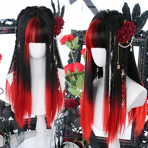 OLACARE Synthetic Long Straight Lolita Wig with Bangs Wig  Mixed Black Red Blonde Cosplay