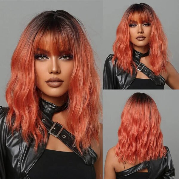 Women Grey Wavy Bob Wigs with Bangs Short Blonde Ombre Synthetic Wig with Dark Roots Natural Hair for Daily Use
