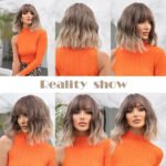 Women Grey Wavy Bob Wigs with Bangs Short Blonde Ombre Synthetic Wig with Dark Roots Natural Hair for Daily Use