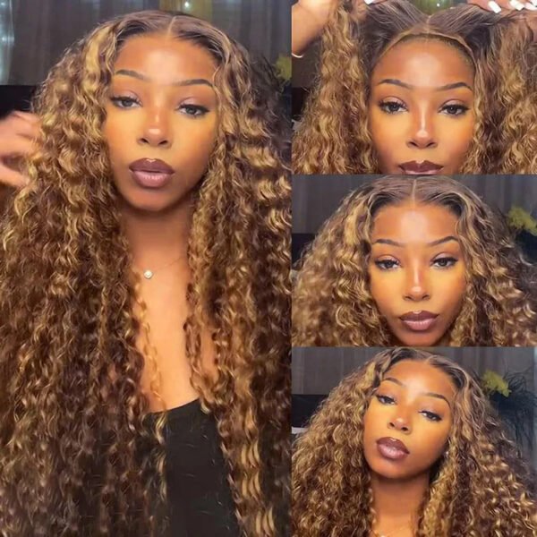 Women's Highlight Ombre Lace Front Wig Human Hair Curly Wigs Brazilian Honey Blonde Pre Plucked