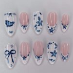 24pcs White Flower Fake Press on Nail Tips Yellow Pink Blush Full Cover Almond Shaped