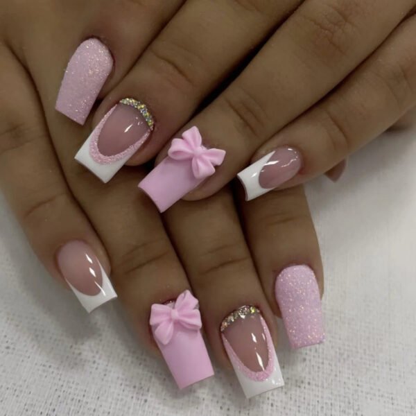 24Pcs Pink French Style Fake Press on Nails 3D Bowknot Designs Short Square
