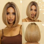 Brown Blonde Ombre Synthetic Wigs Short Straight Bob Wigs for Women Middle Part Lolita Cosplay Natural Hair Heat Resistant Fiber