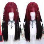 OLACARE Synthetic Long Straight Lolita Wig with Bangs Wig  Mixed Black Red Blonde Cosplay