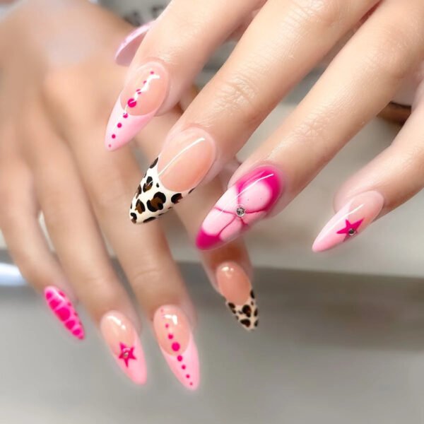 24Pcs Pink French Style Fake Press on Nails 3D Bowknot Designs Short Square