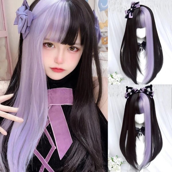 OLACARE Synthetic Long Straight Lolita Wig with Bangs Wig  Mixed Black Red Blonde Cosplay