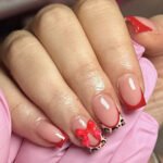 24Pcs Pink French Style Fake Press on Nails 3D Bowknot Designs Short Square