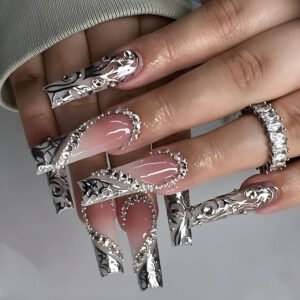 Luxury Fashion Ladies Super Long Square French Silver Vine Patchwork Diamond Heart  Full Coverage Wearable Fake Nails