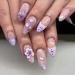 24Pcs French False Press On Nails Purple Edge  Almond Bow Flower Design