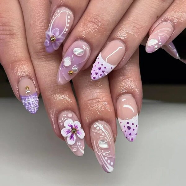 24Pcs French False Press On Nails Purple Edge  Almond Bow Flower Design
