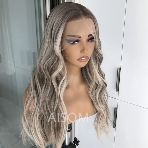 Highlight Ash Platinum Blonde Body Wave Synthetic Lace Front Wig for Women Long Wavy Pre Plucked Heat Resistant Fiber Wig