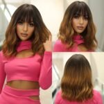 Women Grey Wavy Bob Wigs with Bangs Short Blonde Ombre Synthetic Wig with Dark Roots Natural Hair for Daily Use