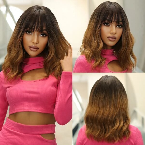 Women Grey Wavy Bob Wigs with Bangs Short Blonde Ombre Synthetic Wig with Dark Roots Natural Hair for Daily Use