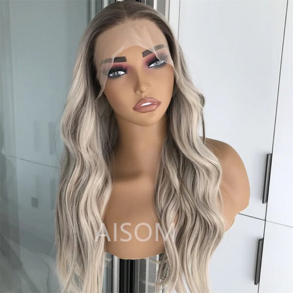 Highlight Ash Platinum Blonde Body Wave Synthetic Lace Front Wig for Women Long Wavy Pre Plucked Heat Resistant Fiber Wig