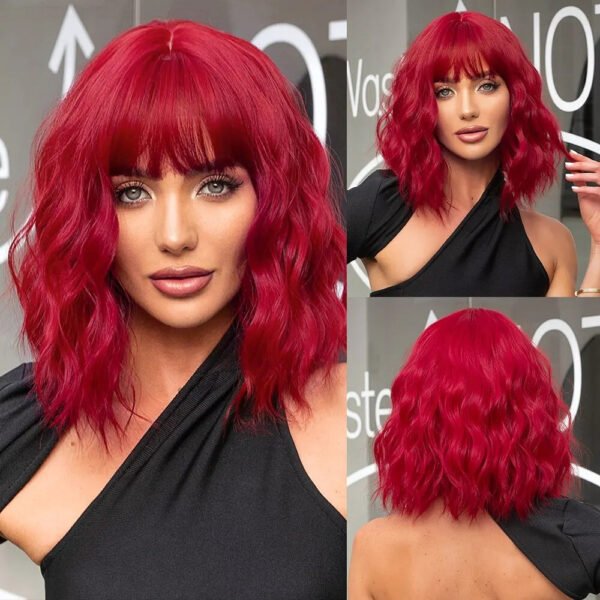Women Grey Wavy Bob Wigs with Bangs Short Blonde Ombre Synthetic Wig with Dark Roots Natural Hair for Daily Use