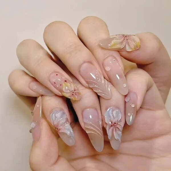 24Pcs French False Press On Nails Purple Edge  Almond Bow Flower Design
