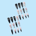 24pcs Long Almond False Press on Nails Black White Dot Printed