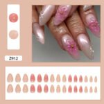 24pcs White Flower Fake Press on Nail Tips Yellow Pink Blush Full Cover Almond Shaped