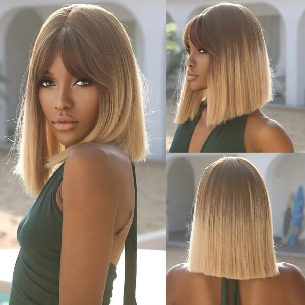 Brown Blonde Ombre Synthetic Wigs Short Straight Bob Wigs for Women Middle Part Lolita Cosplay Natural Hair Heat Resistant Fiber