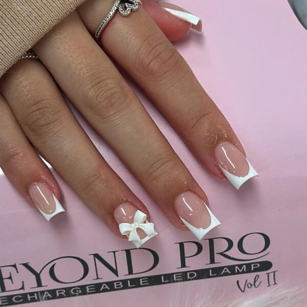 24Pcs Pink French Style Fake Press on Nails 3D Bowknot Designs Short Square