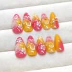 24pcs White Flower Fake Press on Nail Tips Yellow Pink Blush Full Cover Almond Shaped