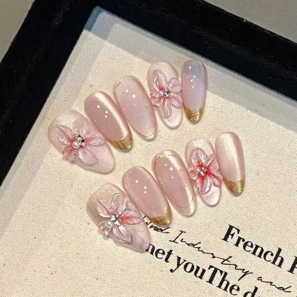 24Pcs French False Press On Nails Purple Edge  Almond Bow Flower Design