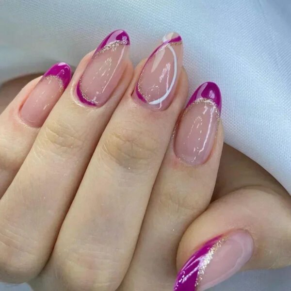 24Pcs French False Press On Nails Purple Edge  Almond Bow Flower Design