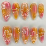 24pcs White Flower Fake Press on Nail Tips Yellow Pink Blush Full Cover Almond Shaped