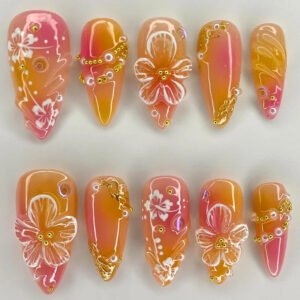 24pcs White Flower Fake Press on Nail Tips Yellow Pink Blush Full Cover Almond Shaped