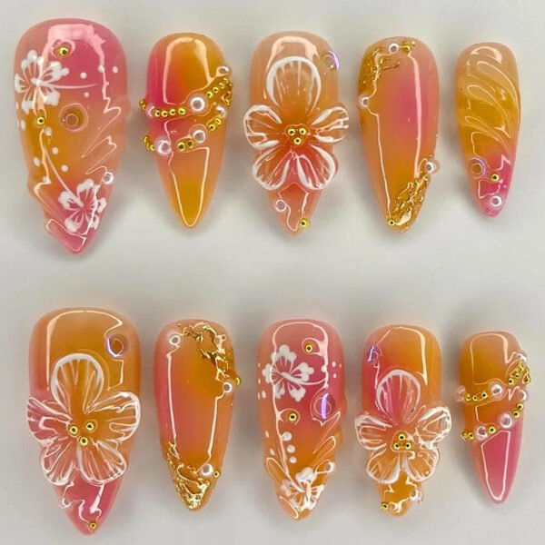 24pcs White Flower Fake Press on Nail Tips Yellow Pink Blush Full Cover Almond Shaped
