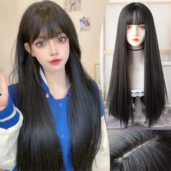 OLACARE Synthetic Long Straight Lolita Wig with Bangs Wig  Mixed Black Red Blonde Cosplay