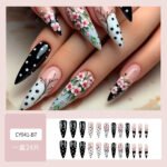 24pcs Long Almond False Press on Nails Black White Dot Printed