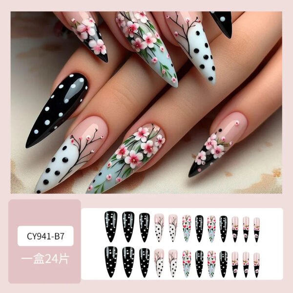 24pcs Long Almond False Press on Nails Black White Dot Printed