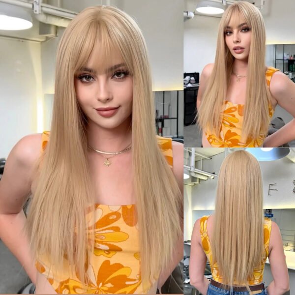 Long Straight Blonde Synthetic Wigs highlight Golden Hair Natural Female wig Middle Part Wigs For Cosplay Party Heat Resistant